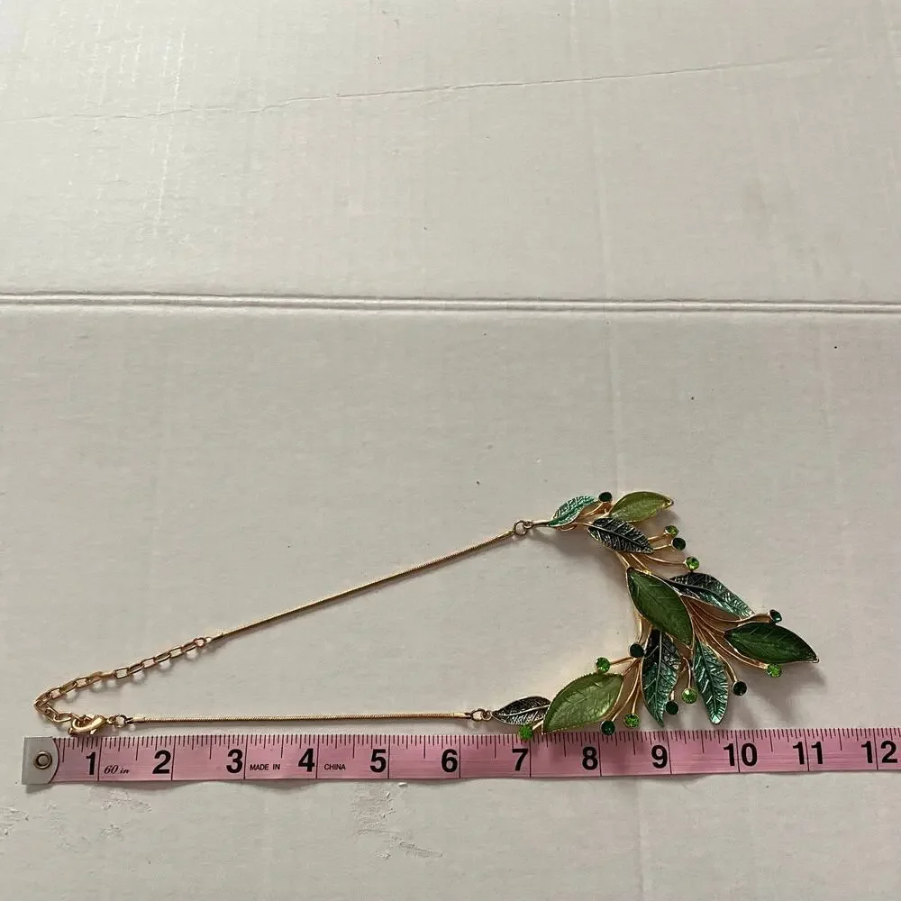 Enamel Leaf Bib Necklace & Earrings Set Green Rhinestone Gold Tone Cottagecore